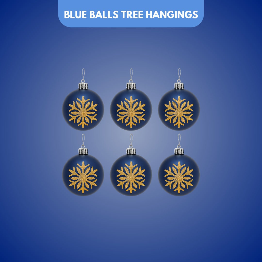 Christmas Blue Balls for Tree Ornaments with Golden Glitter - 6PC