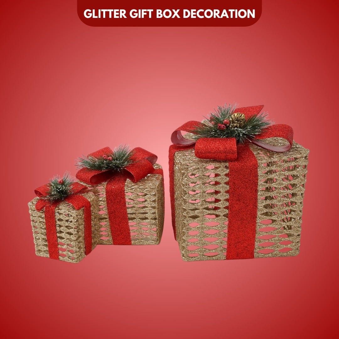 Glitter Wired Boxes with Red Bow for Christmas Decoration - Set of 3