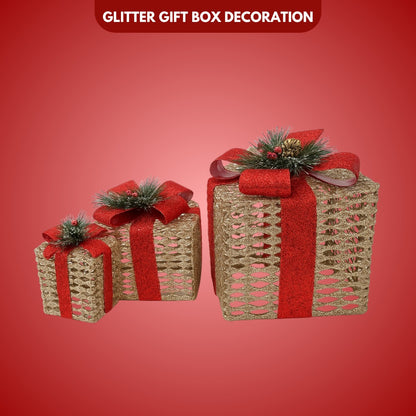 Glitter Wired Boxes with Red Bow for Christmas Decoration - Set of 3