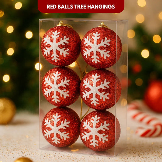 Christmas Red Glitter Balls with White Snowflakes - 6PC