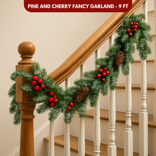 Christmas Thick Garland with Pines and Cherries in European Finish - 9FT