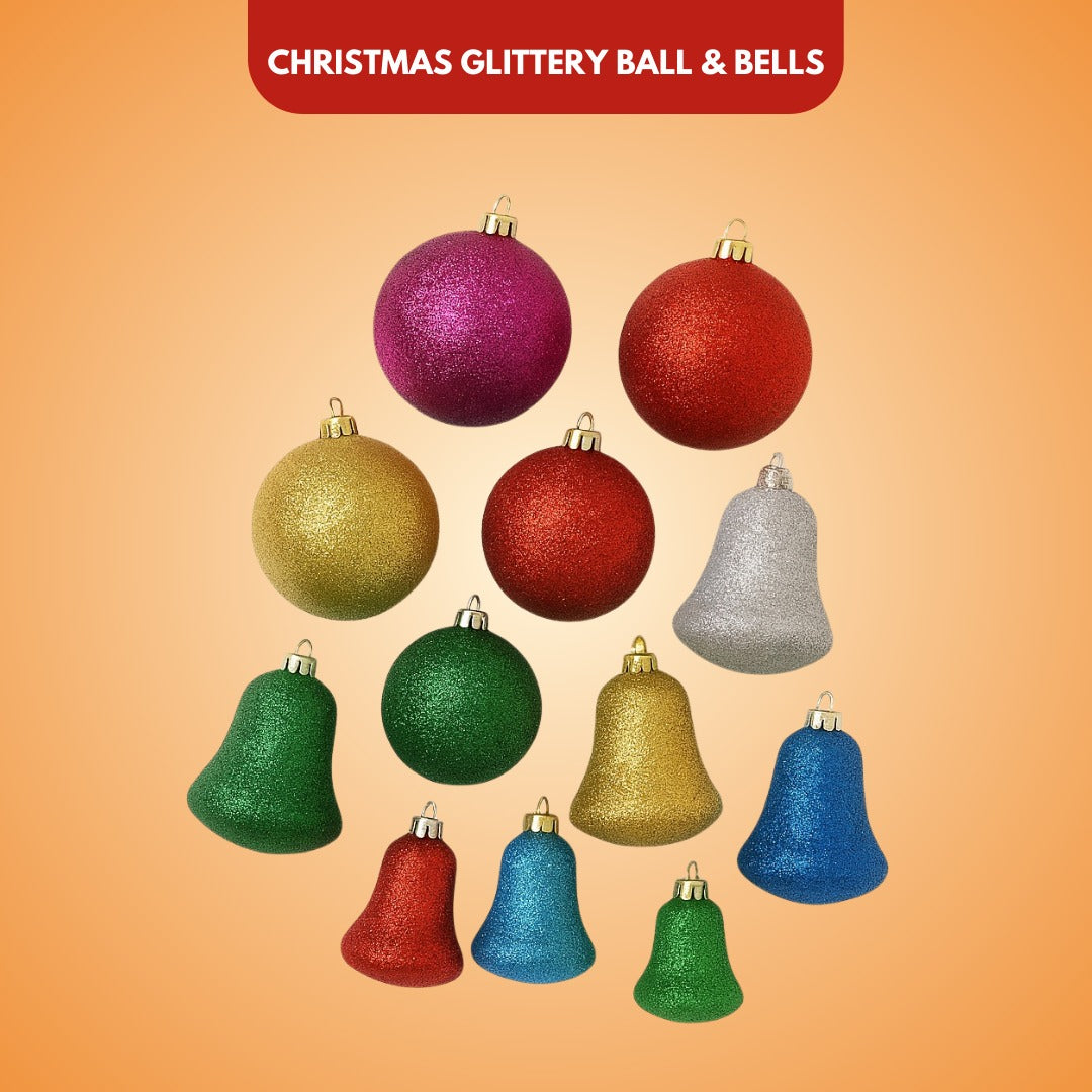 Christmas Glittery Ball & Bells for Xmas Tree Decoration Combo Kit - 12PC