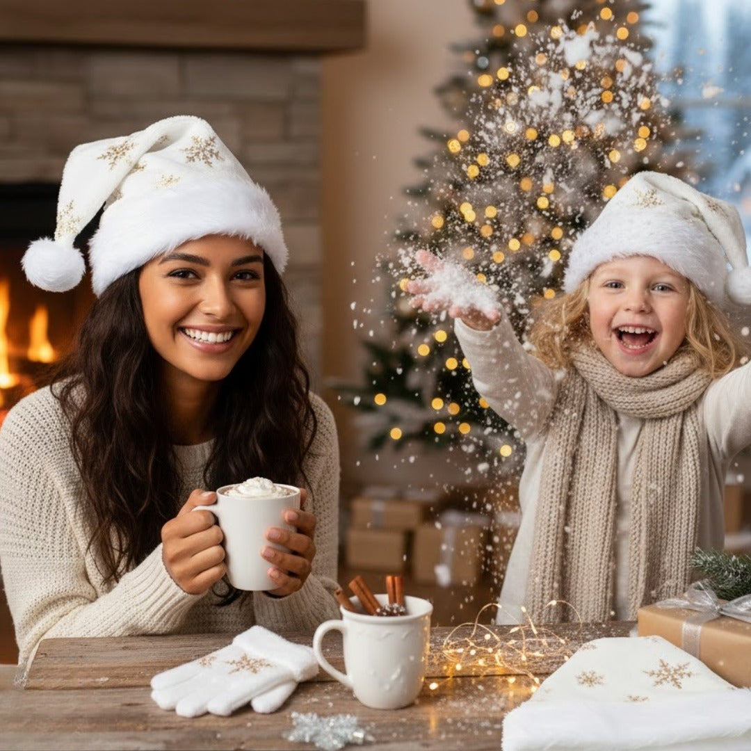 Snowy Santa Hat with Golden Snowflakes