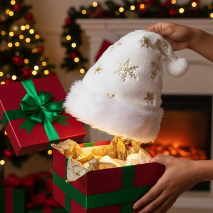 Snowy Santa Hat with Golden Snowflakes