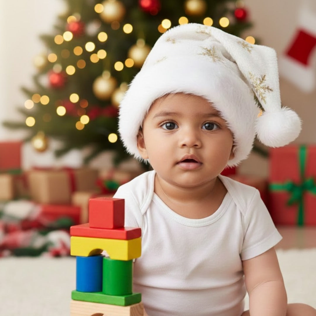 Snowy Santa Hat with Golden Snowflakes