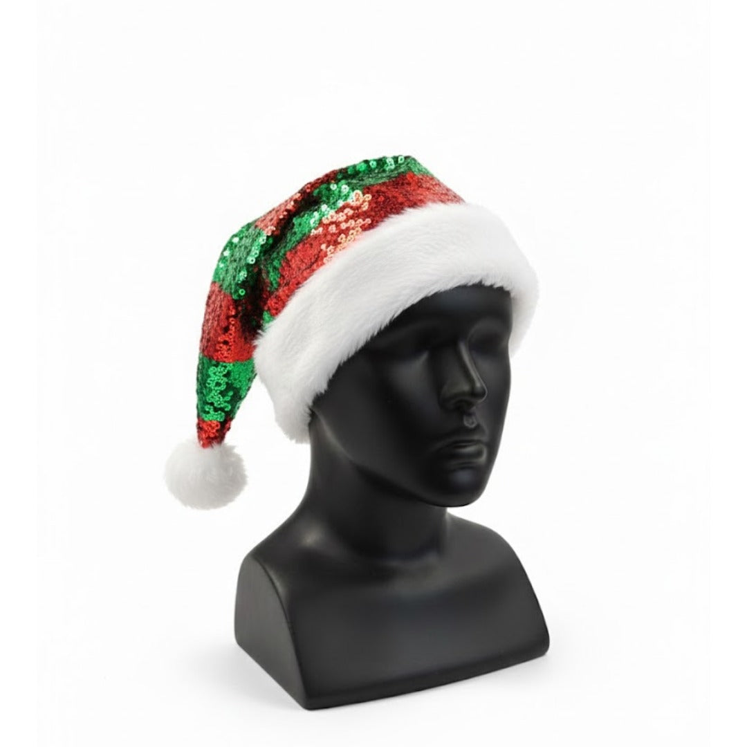 Santa Sequin Hat with Plush Puff Ball and Plush White Border