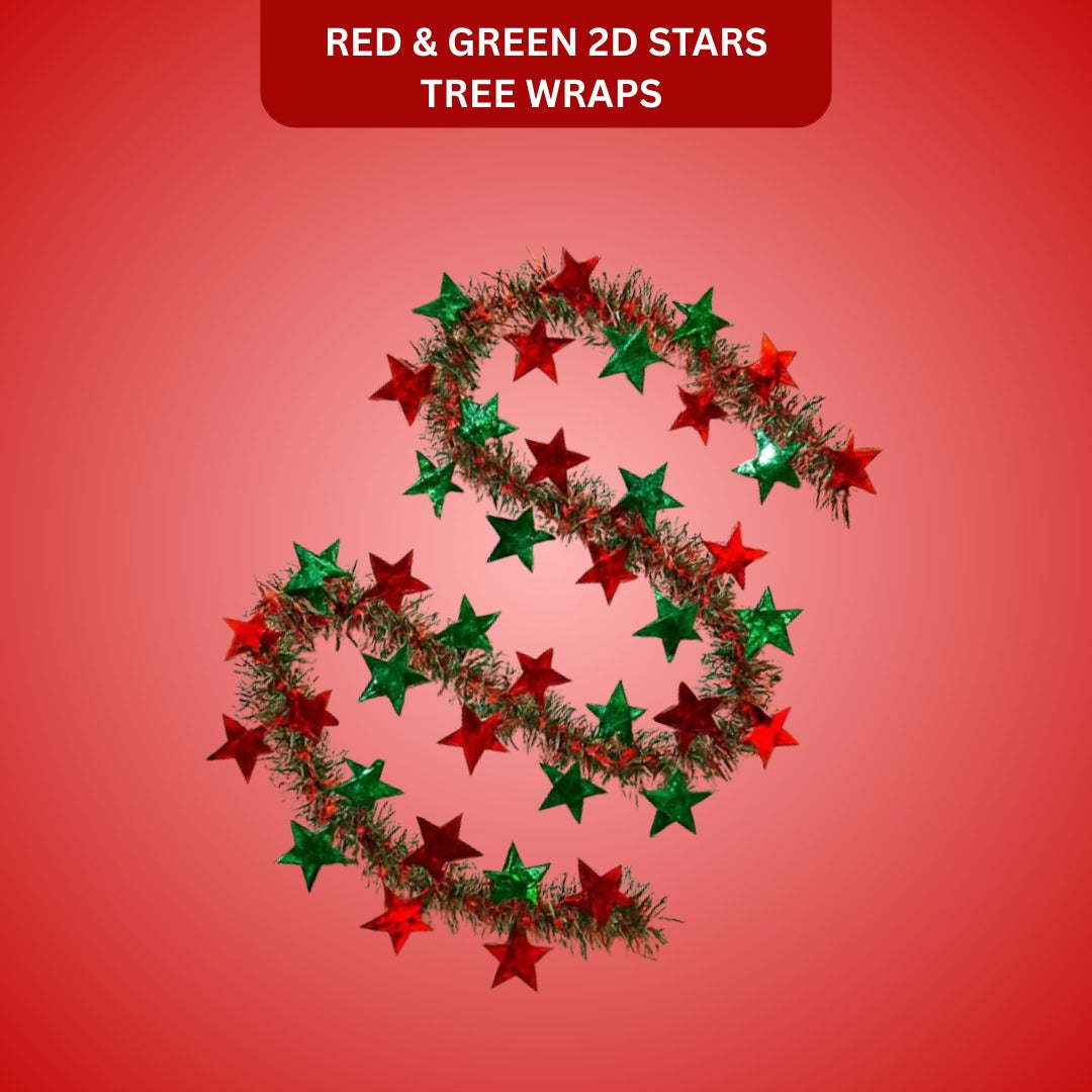 Fringe Wired Red & Green 2D Stars Tree Wraps or Garland - 1PC