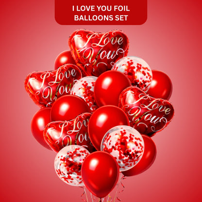 I Love You Heart Shaped Foil Balloon with Confetti Balloons Set - Pack of 16