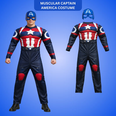 Muscular Captain America Costume with Jumpsuit and Mask for Adults - Size L