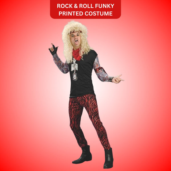 Rock & Roll Funky Printed Costume w/Pants, Red Bandana & Headband - Set of 6PC