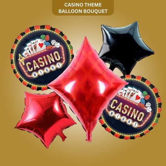 Casino Theme Balloon Set w/ Diamond Shape Red & Black Foil Balloon - Helium Quality - 5PC