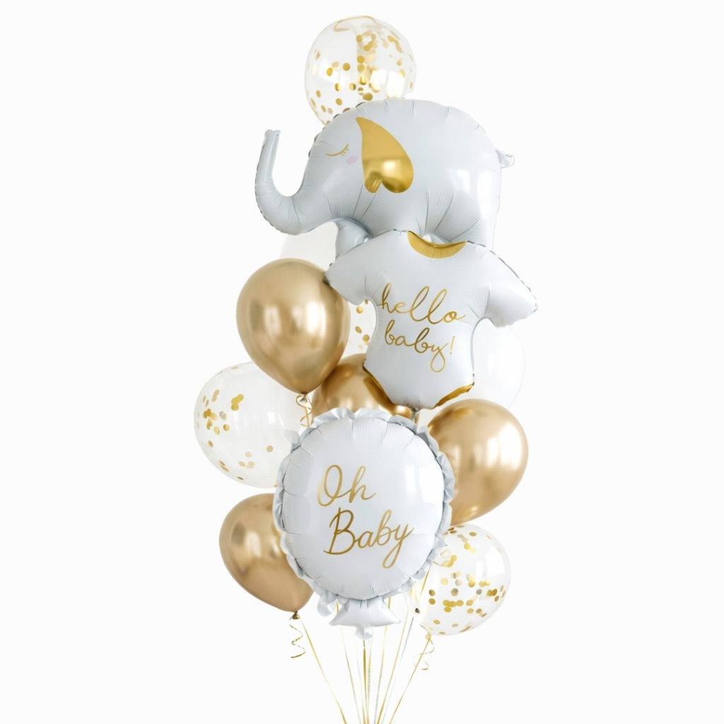 Hello Baby White Elephant Balloon Set Pack of 12 | Baby Shower Decoration Balloons | Neutral Gold & White Theme for Newborn Celebration
