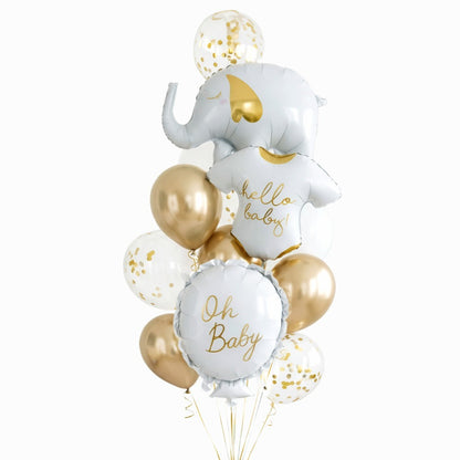Hello Baby White Elephant Balloon Set Pack of 12 | Baby Shower Decoration Balloons | Neutral Gold & White Theme for Newborn Celebration