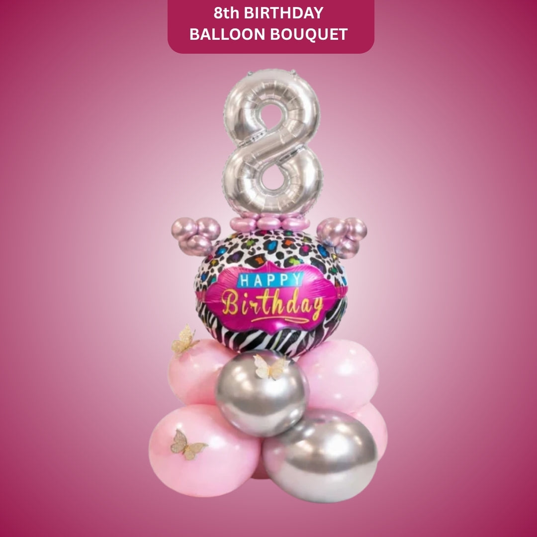 Designer Pink & Silver Balloon Bouquet Arrangement with 3D Butterflies for 8th Birthday