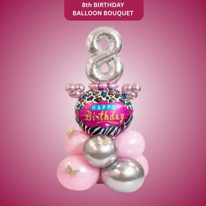 Designer Pink & Silver Balloon Bouquet Arrangement with 3D Butterflies for 8th Birthday