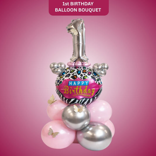 Designer Pink & Silver Balloon Bouquet Arrangement with 3D Butterflies for 1st Birthday