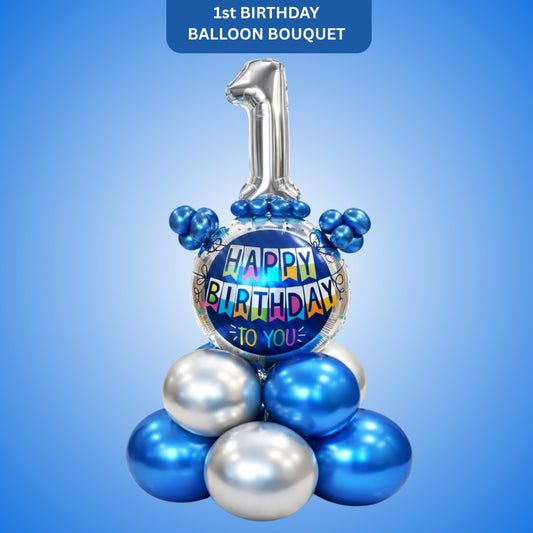 Designer Blue & Silver Balloon Bouquet Arrangement for 1st Birthday