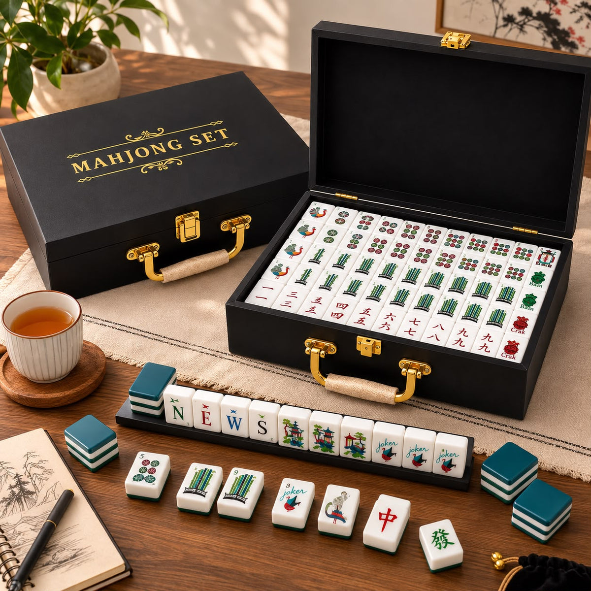 Mahjong Set - Teal Colored Tiles - 4 Layers - 160 Tiles – Free Storage Box