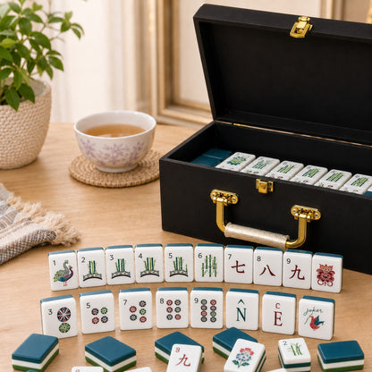 Mahjong Set - Teal Colored Tiles - 4 Layers - 160 Tiles – Free Storage Box