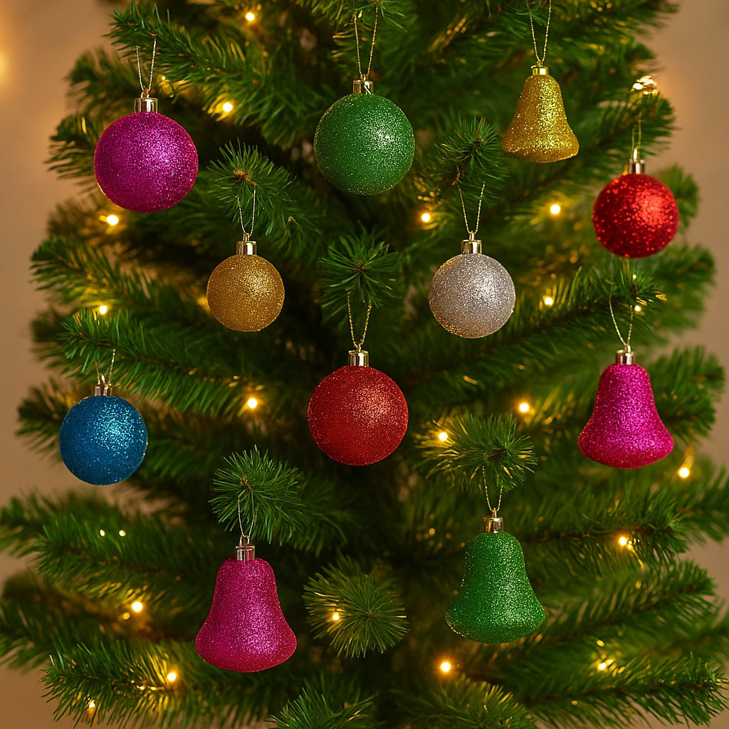 Christmas Glittery Ball & Bells for Xmas Tree Decoration Combo Kit - 12PC