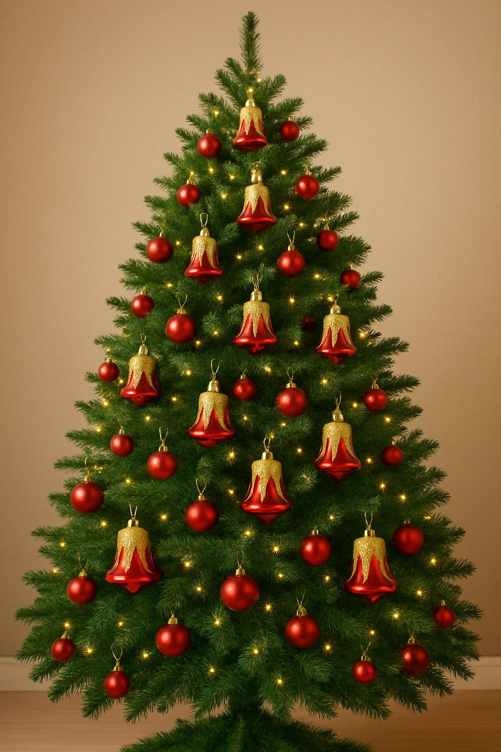 Christmas Red Bells with Golden Glitter Decoration - 6PC