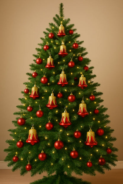 Christmas Red Bells with Golden Glitter Decoration - 6PC