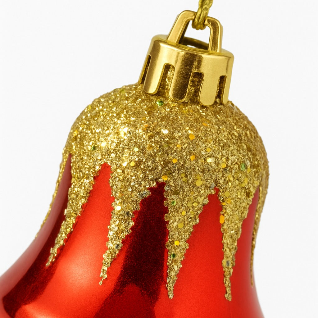 Christmas Red Bells with Golden Glitter Decoration - 6PC