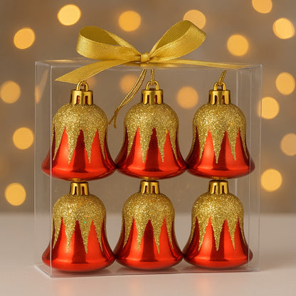 Christmas Red Bells with Golden Glitter Decoration - 6PC