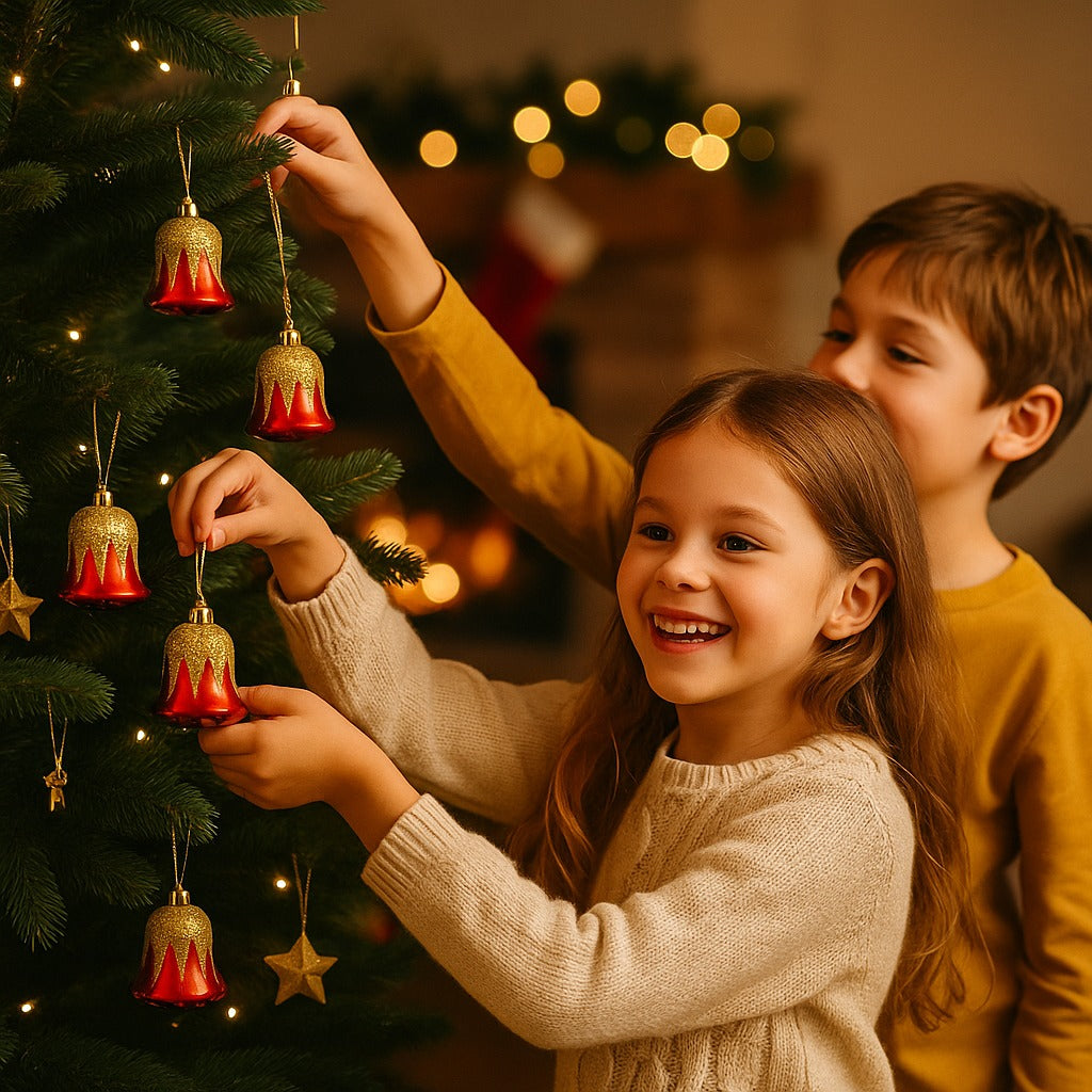 Christmas Red Bells with Golden Glitter Decoration - 6PC