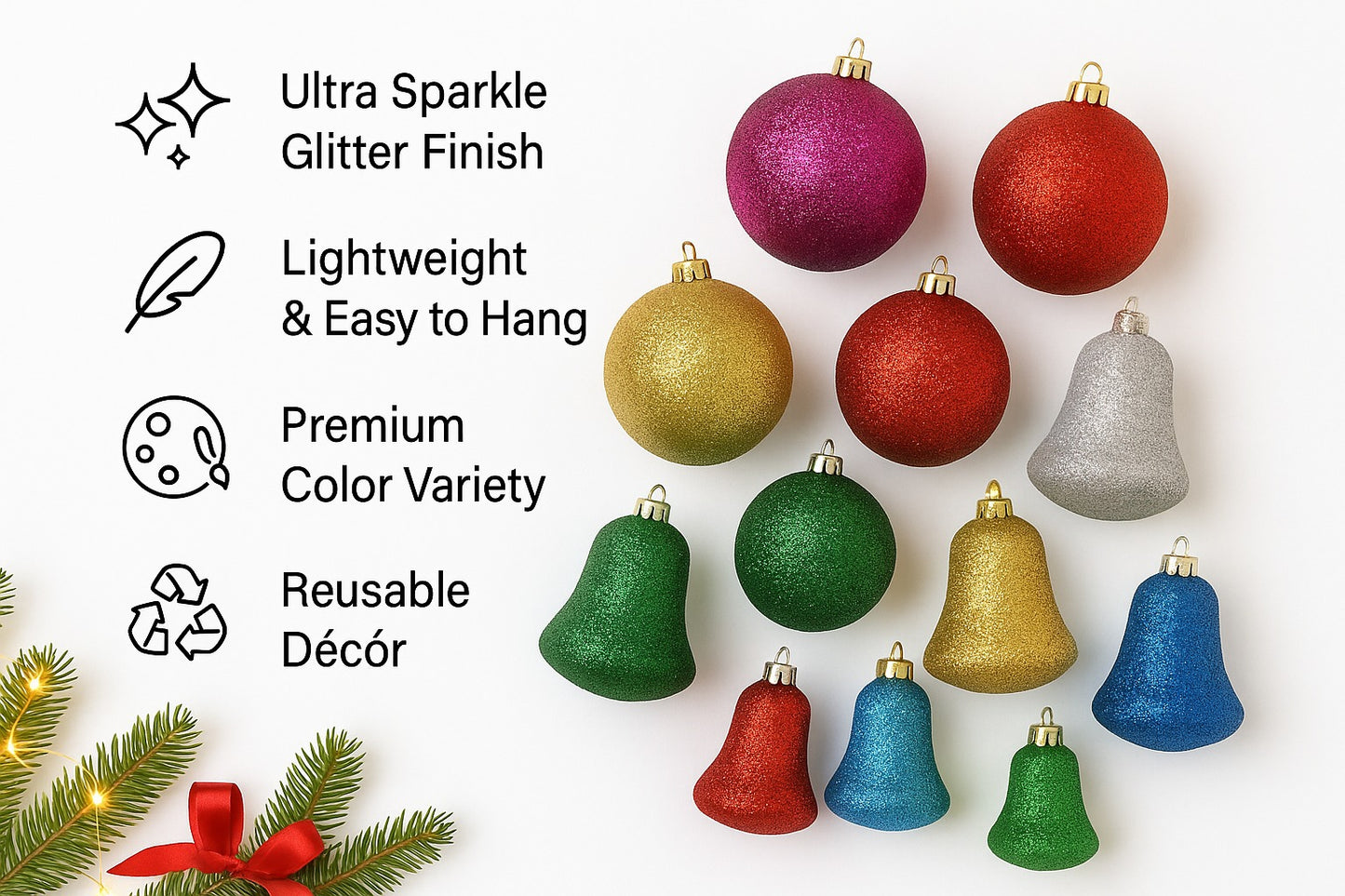Christmas Glittery Ball & Bells for Xmas Tree Decoration Combo Kit - 12PC