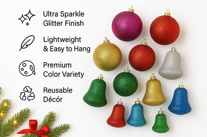 Christmas Glittery Ball & Bells for Xmas Tree Decoration Combo Kit - 12PC