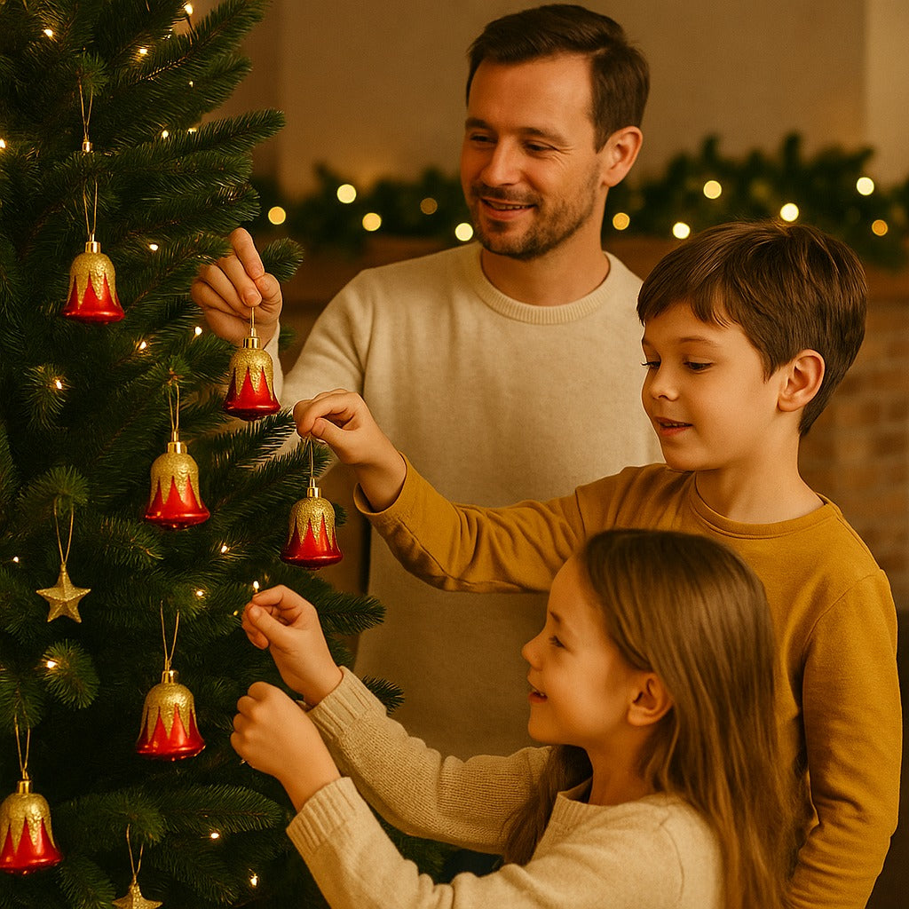 Christmas Red Bells with Golden Glitter Decoration - 6PC