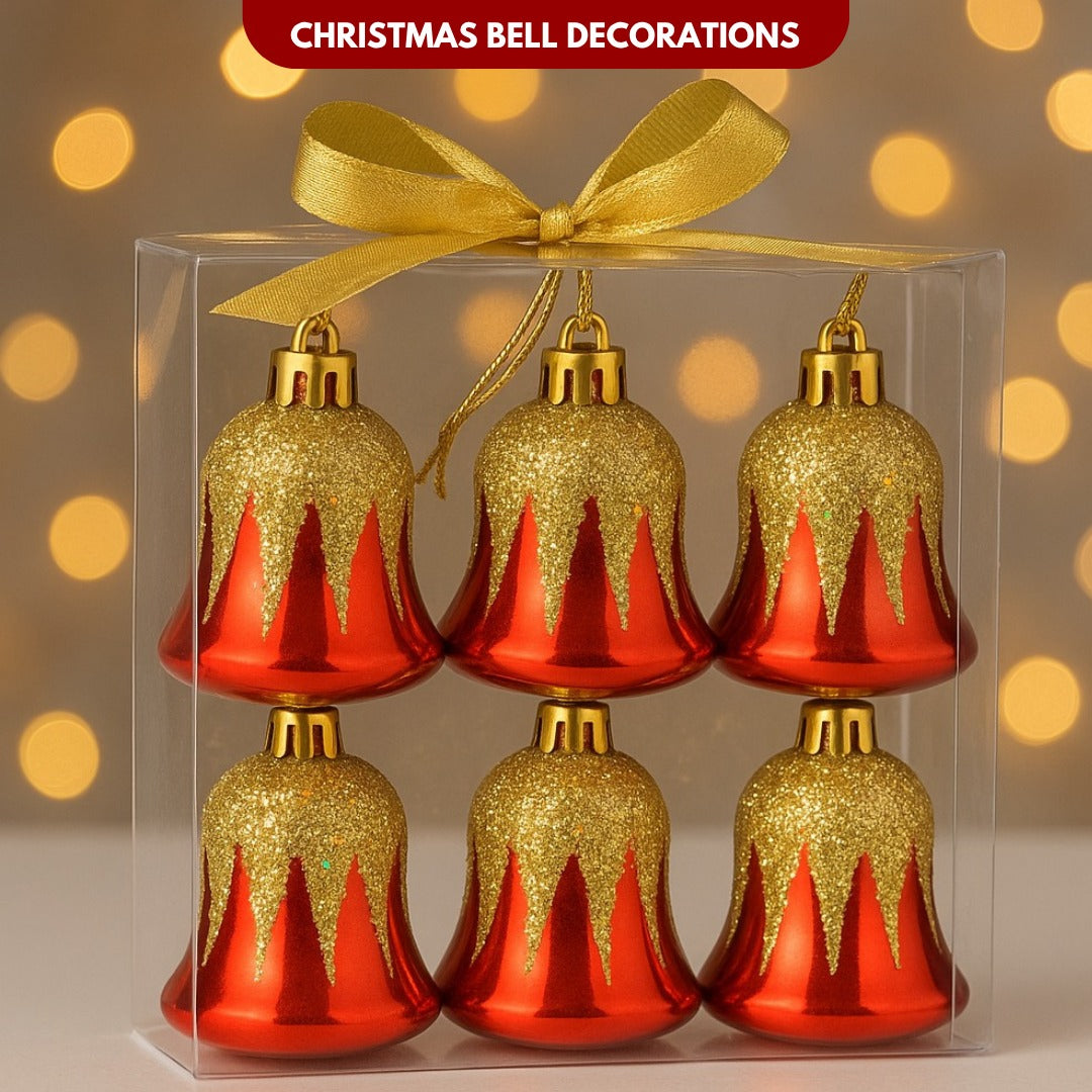 Christmas Red Bells with Golden Glitter Decoration - 6PC