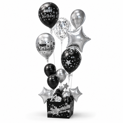 Black and Golden Balloon Bouquet Set with Base Stand - 16PC | Table Centerpiece Decoration | Foil Star and Printed Latex Balloons - 1 Set