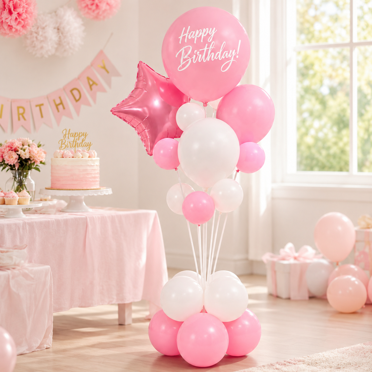 Blue and White Happy Birthday Balloon Bouquet Stand Set - 21 Pcs | Balloons with Plum Blossom Base, Holder and Fiber Rods, Table Centerpiece Decoration for Kids Adults Party - 1 Set
