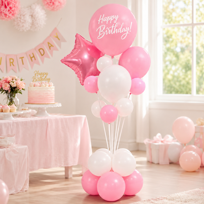 Blue and White Happy Birthday Balloon Bouquet Stand Set - 21 Pcs | Balloons with Plum Blossom Base, Holder and Fiber Rods, Table Centerpiece Decoration for Kids Adults Party - 1 Set