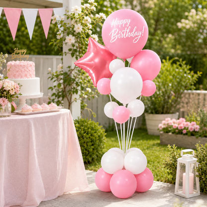 Blue and White Happy Birthday Balloon Bouquet Stand Set - 21 Pcs | Balloons with Plum Blossom Base, Holder and Fiber Rods, Table Centerpiece Decoration for Kids Adults Party - 1 Set