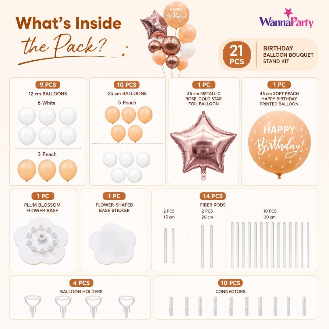 Pink and White Happy Birthday Balloon Bouquet Stand Set - 21 Pcs | Balloons with Plum Blossom Base, Holder and Fiber Rods | Birthday Table Centerpiece Decoration for Kids Adults Party, 1 Set