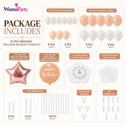 Pink and White Happy Birthday Balloon Bouquet Stand Set - 21 Pcs | Balloons with Plum Blossom Base, Holder and Fiber Rods | Birthday Table Centerpiece Decoration for Kids Adults Party, 1 Set