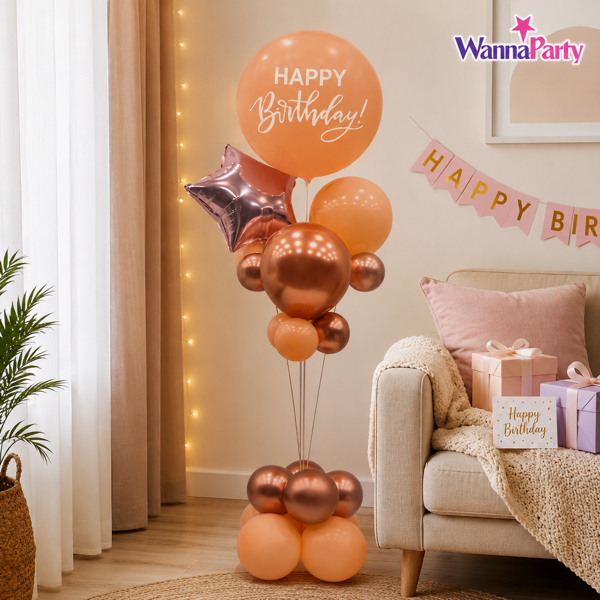 Pink and White Happy Birthday Balloon Bouquet Stand Set - 21 Pcs | Balloons with Plum Blossom Base, Holder and Fiber Rods | Birthday Table Centerpiece Decoration for Kids Adults Party, 1 Set