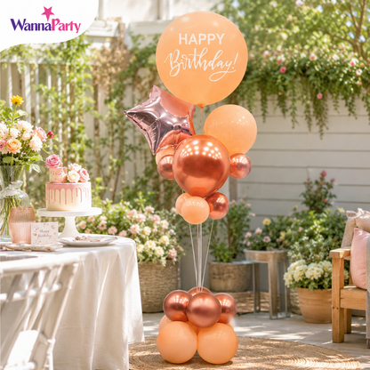 Pink and White Happy Birthday Balloon Bouquet Stand Set - 21 Pcs | Balloons with Plum Blossom Base, Holder and Fiber Rods | Birthday Table Centerpiece Decoration for Kids Adults Party, 1 Set