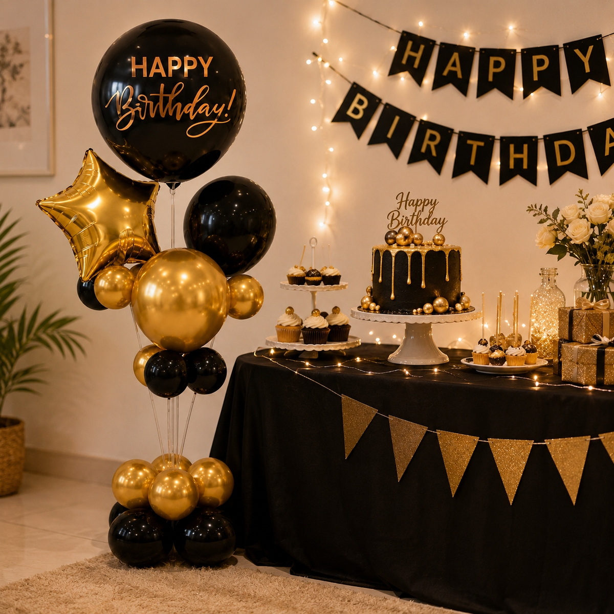 Apricot and White Retro Happy Birthday Balloon Bouquet Stand Set - 21 Pcs | Balloons with Plum Blossom Base, Holder and Fiber Rods | Birthday Table Centerpiece Decoration for Kids Adults Party - 1 Set