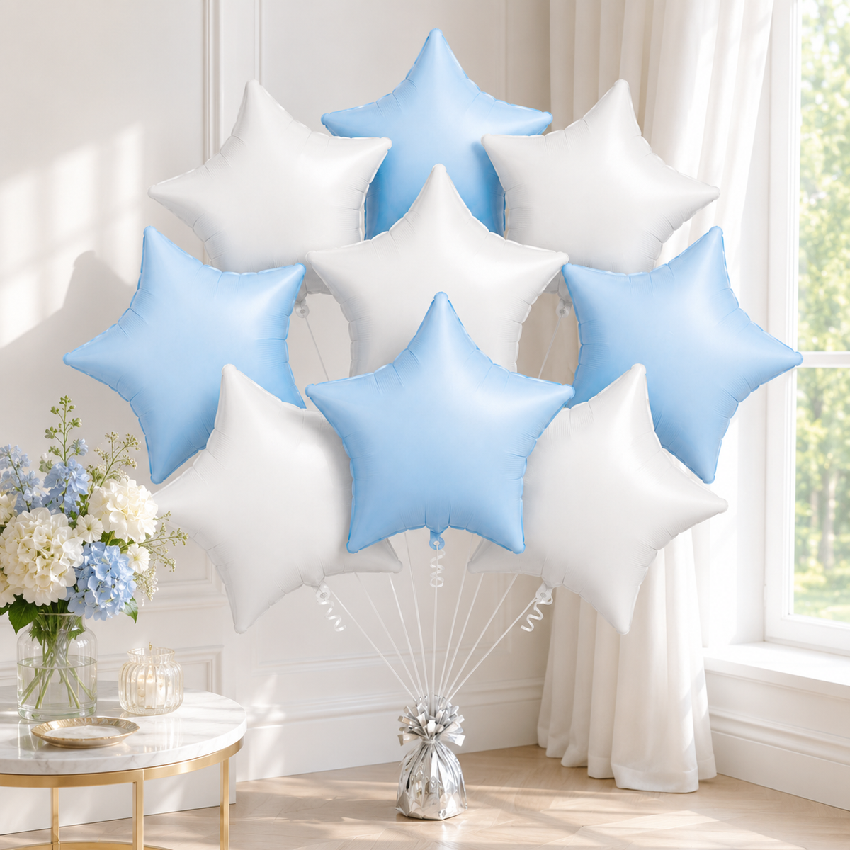 Pastel Blue and Pearl White Star Shaped Balloons Set - 10PC
