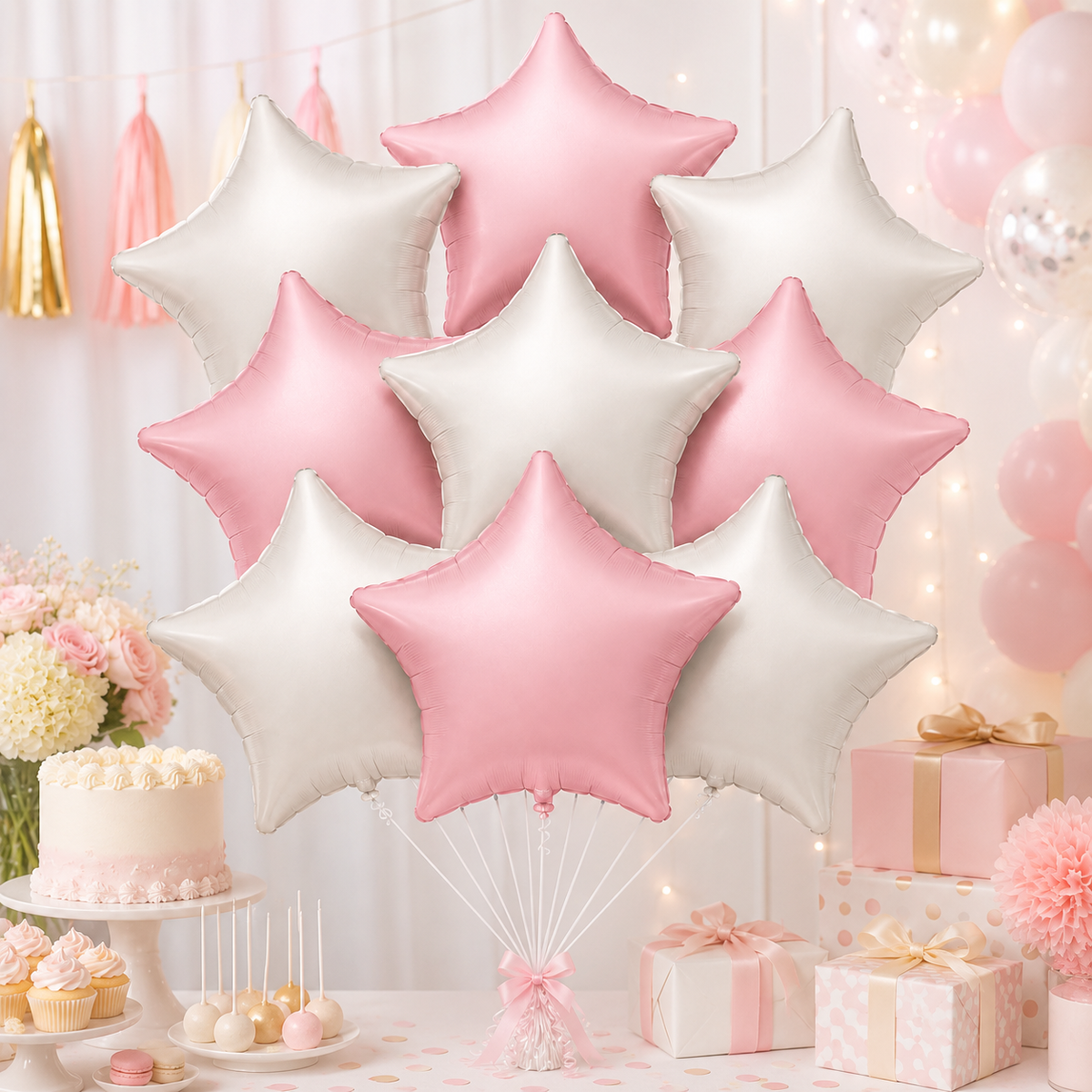 Pastel Pink and Pearl White Star Shaped Balloons Set - 10PC