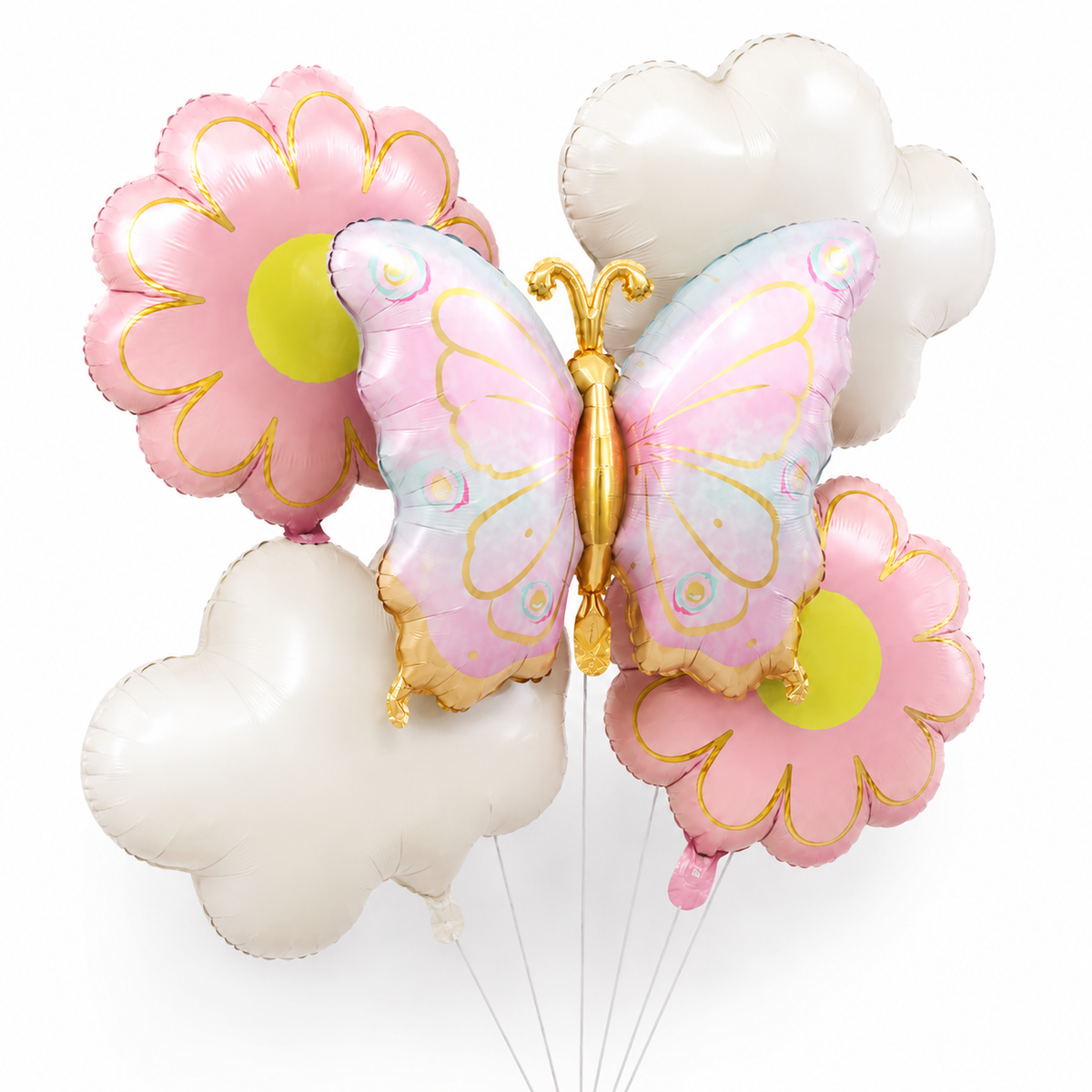 Pink and Green Shaded Butterfly and Flowers Balloons Set - 5PC
