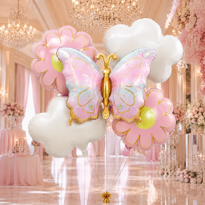 Pink and Green Shaded Butterfly and Flowers Balloons Set - 5PC