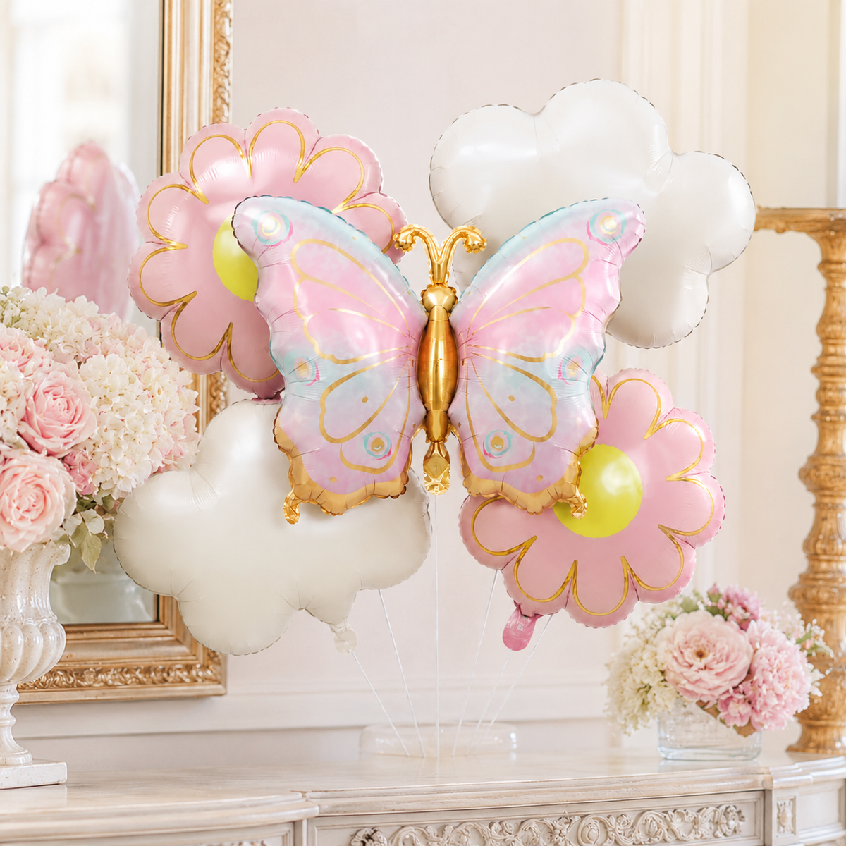 Pink and Green Shaded Butterfly and Flowers Balloons Set - 5PC