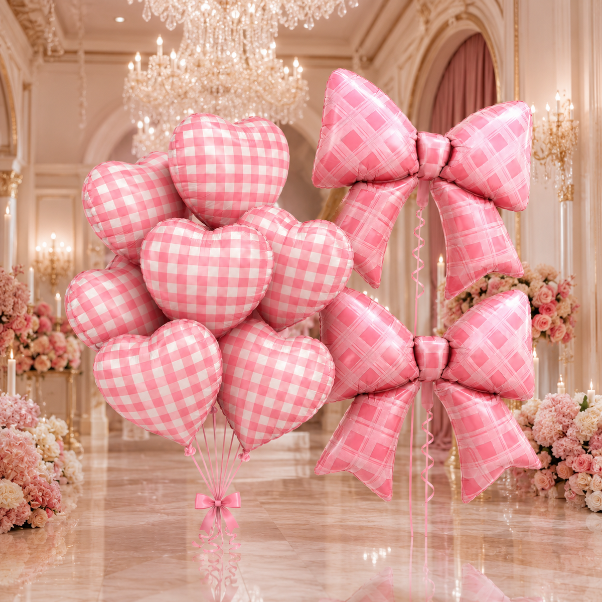 Bow and Heart Chequered Balloons Set - 12PC