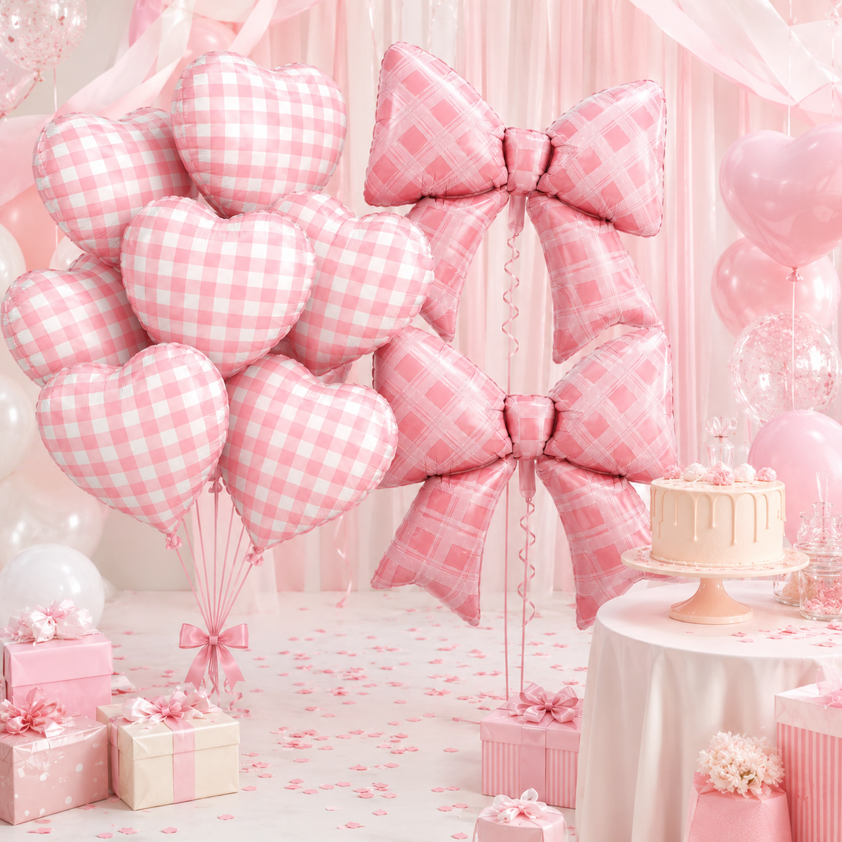 Bow and Heart Chequered Balloons Set - 12PC
