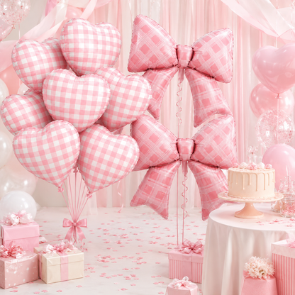 Bow and Heart Chequered Balloons Set - 12PC